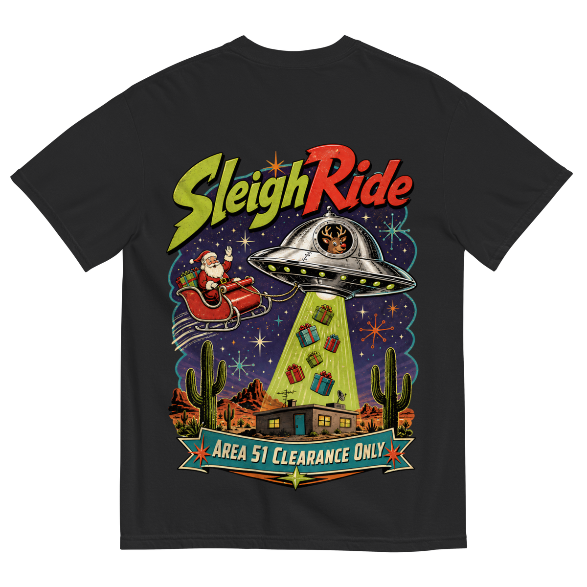 Sleigh Ride T-Shirt in Black, back print, retro UFO towing Santa's sleigh over the Nevada desert
