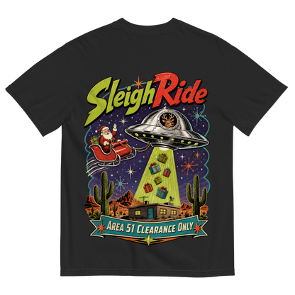 Sleigh Ride T-Shirt in Black, back print, retro UFO towing Santa's sleigh over the Nevada desert