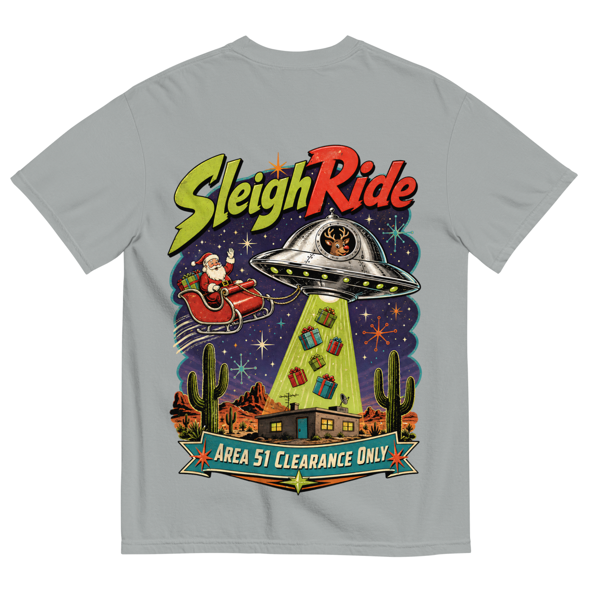 Sleigh Ride T-Shirt in Granite, back print, retro UFO towing Santa's sleigh over the Nevada desert
