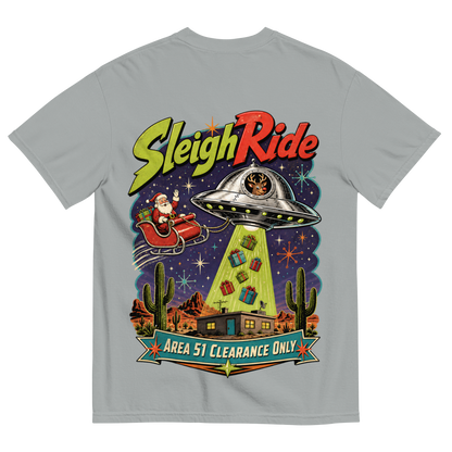 Sleigh Ride T-Shirt in Granite, back print, retro UFO towing Santa's sleigh over the Nevada desert