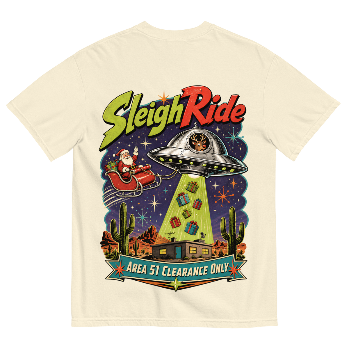 Sleigh Ride T-Shirt in Ivory, back print, retro UFO towing Santa's sleigh over the Nevada desert