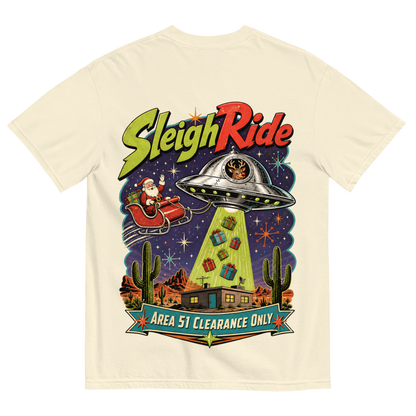 Sleigh Ride T-Shirt in Ivory, back print, retro UFO towing Santa's sleigh over the Nevada desert