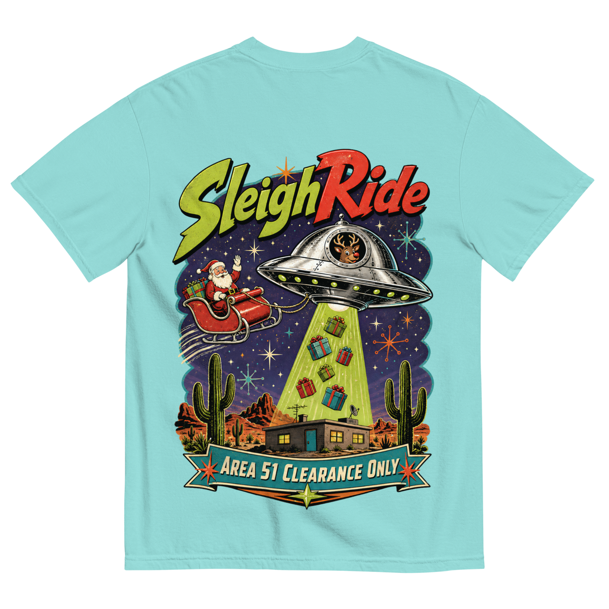 Sleigh Ride T-Shirt in Lagoon Blue, back print, retro UFO towing Santa's sleigh over the Nevada desert