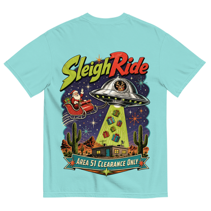 Sleigh Ride T-Shirt in Lagoon Blue, back print, retro UFO towing Santa's sleigh over the Nevada desert