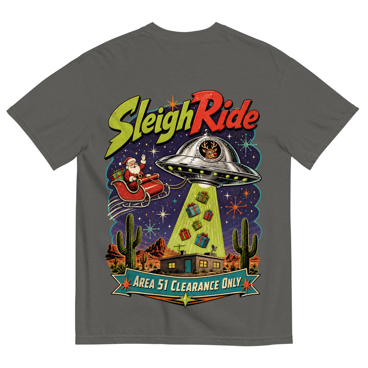 Sleigh Ride T-Shirt in Pepper, back print, retro UFO towing Santa's sleigh over the Nevada desert