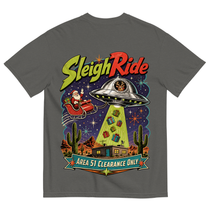 Sleigh Ride T-Shirt in Pepper, back print, retro UFO towing Santa's sleigh over the Nevada desert