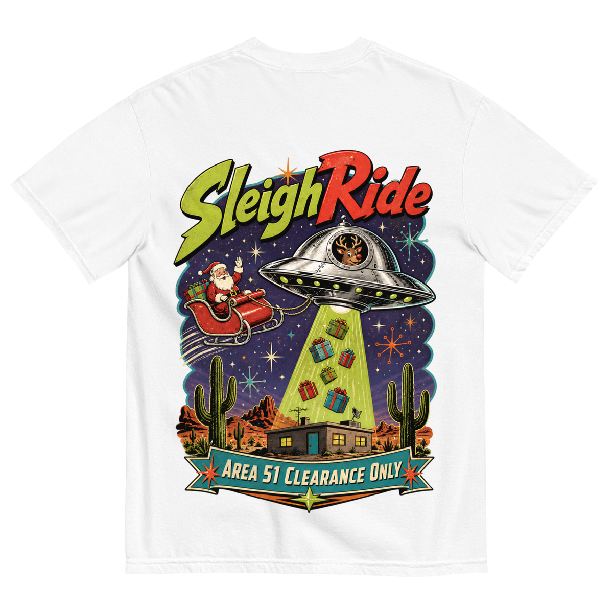 Sleigh Ride T-Shirt in White, back print, retro UFO towing Santa's sleigh over the Nevada desert
