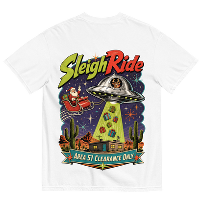 Sleigh Ride T-Shirt in White, back print, retro UFO towing Santa's sleigh over the Nevada desert