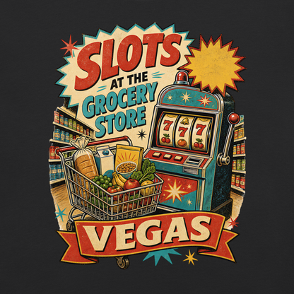 Slots at the Grocery Store T-Shirt in Black, front view (alternate mockup), slot machine and grocery cart Las Vegas locals graphic