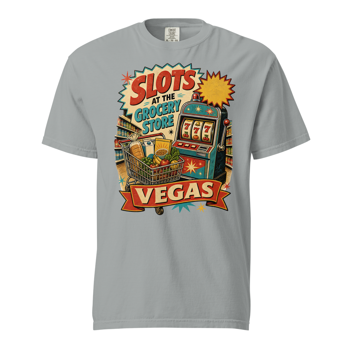 Slots at the Grocery Store T-Shirt in Granite, front view, slot machine and grocery cart Las Vegas locals graphic