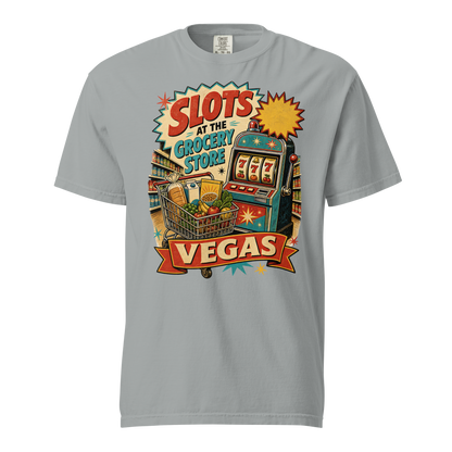 Slots at the Grocery Store T-Shirt in Granite, front view, slot machine and grocery cart Las Vegas locals graphic