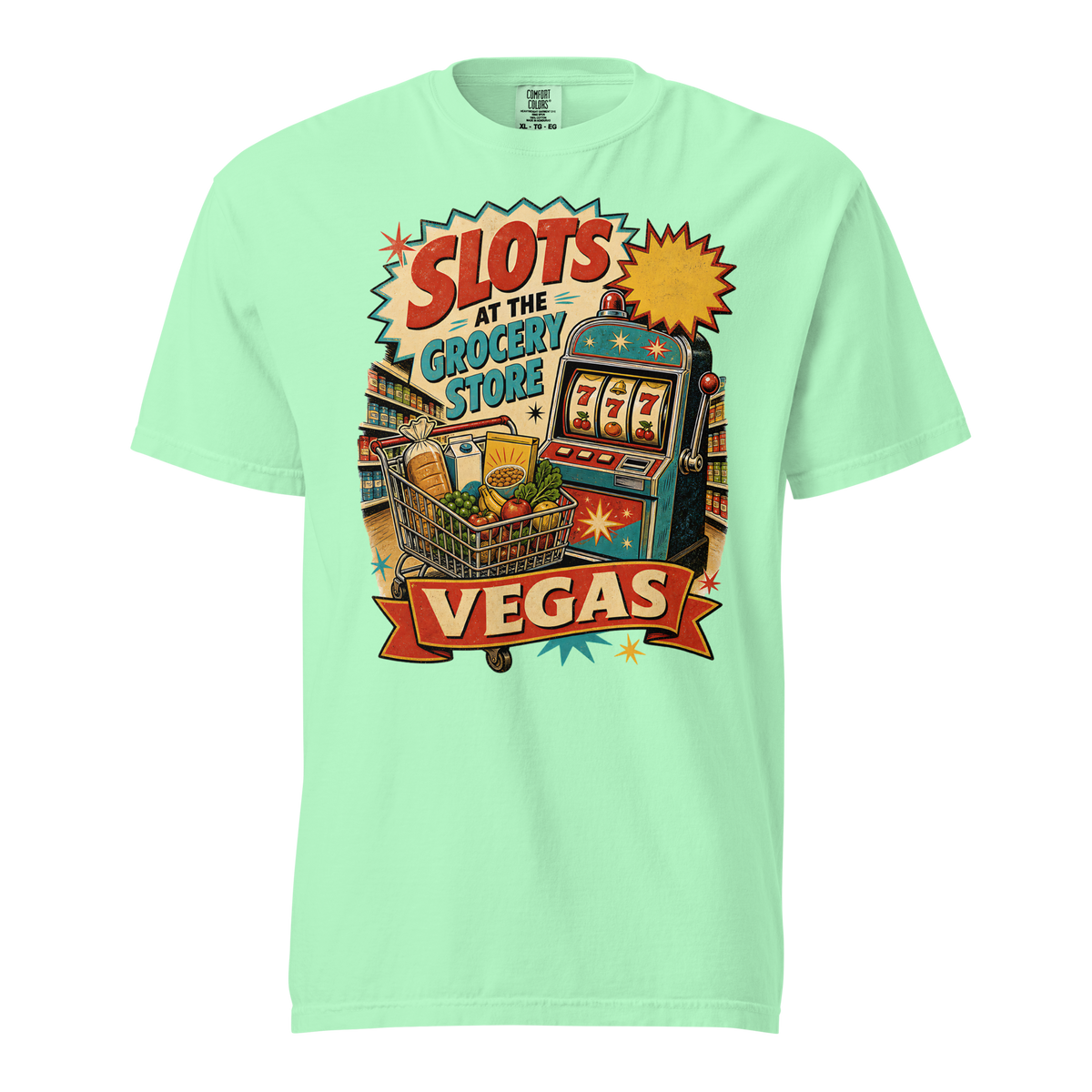Slots at the Grocery Store T-Shirt in Island Reef, front view, slot machine and grocery cart Las Vegas locals graphic