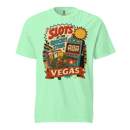Slots at the Grocery Store T-Shirt in Island Reef, front view, slot machine and grocery cart Las Vegas locals graphic