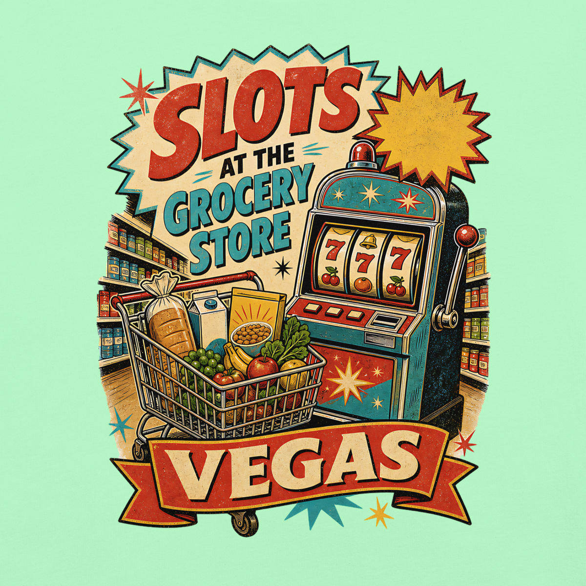 Slots at the Grocery Store T-Shirt in Island Reef, front view (alternate mockup), slot machine and grocery cart Las Vegas locals graphic