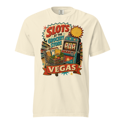 Slots at the Grocery Store T-Shirt in Ivory, front view, slot machine and grocery cart Las Vegas locals graphic