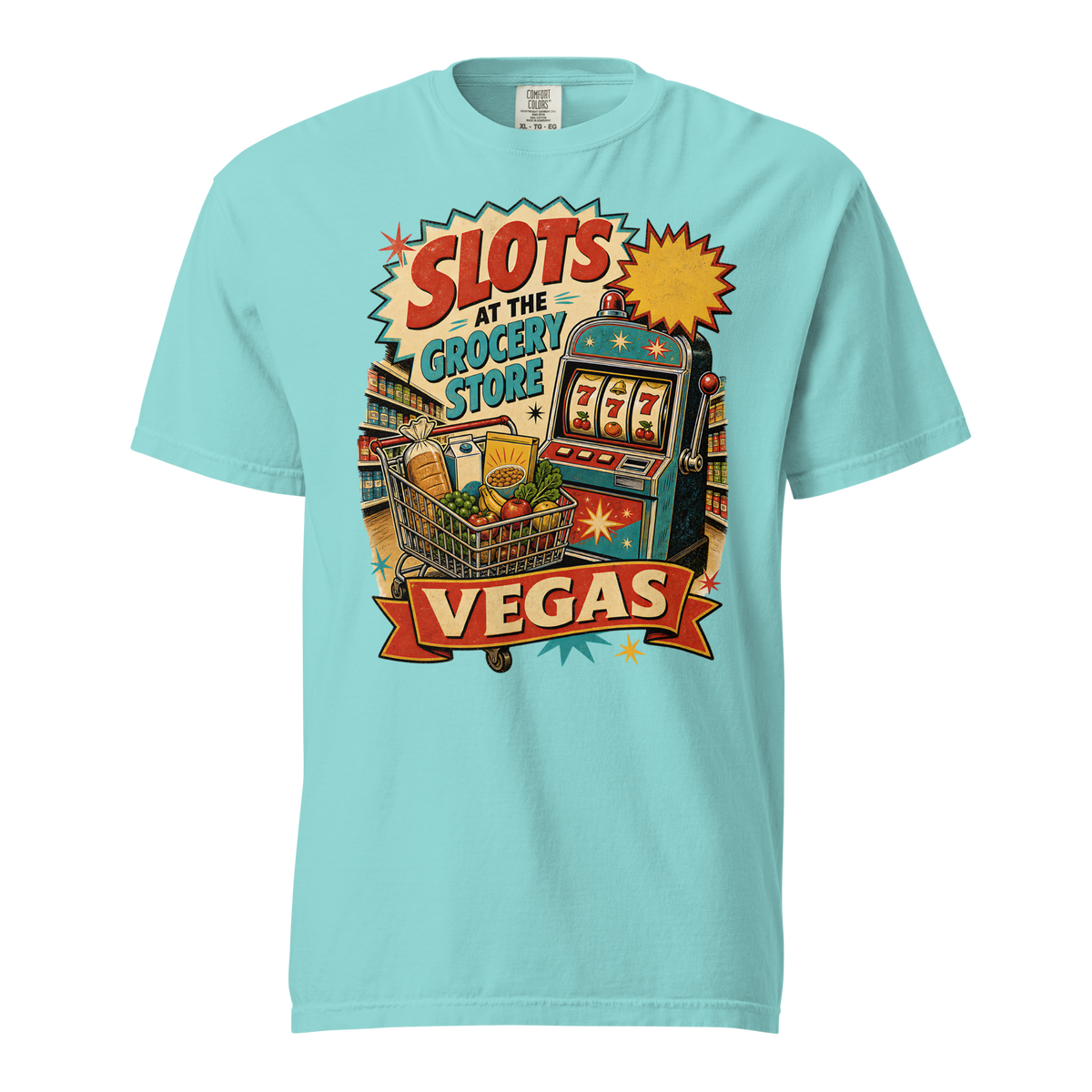 Slots at the Grocery Store T-Shirt in Lagoon Blue, front view, slot machine and grocery cart Las Vegas locals graphic
