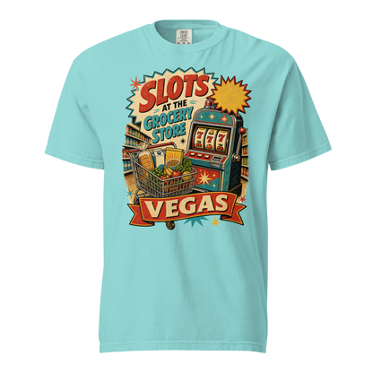 Slots at the Grocery Store T-Shirt in Lagoon Blue, front view, slot machine and grocery cart Las Vegas locals graphic