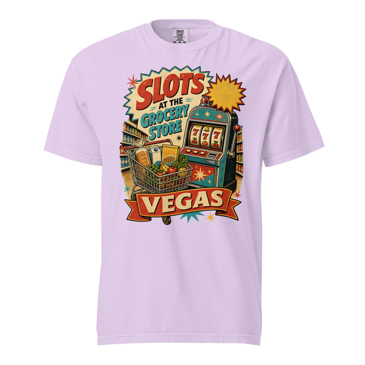 Slots at the Grocery Store T-Shirt in Orchid, front view, slot machine and grocery cart Las Vegas locals graphic
