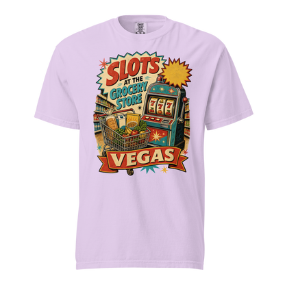 Slots at the Grocery Store T-Shirt in Orchid, front view, slot machine and grocery cart Las Vegas locals graphic