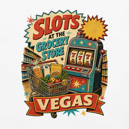 Slots at the Grocery Store T-Shirt in White, front view (alternate mockup), slot machine and grocery cart Las Vegas locals graphic