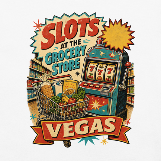Slots at the Grocery Store T-Shirt in White, front view (alternate mockup), slot machine and grocery cart Las Vegas locals graphic