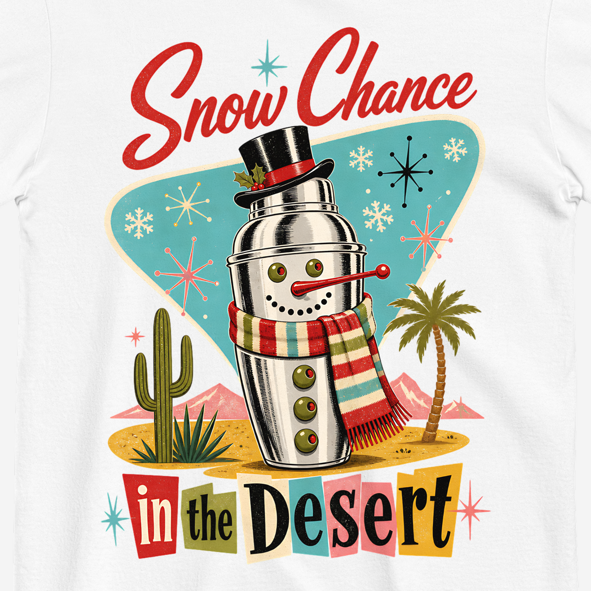 Snow Chance In The Desert T-Shirt in White, close-up of the front print, cocktail shaker snowman in a retro desert scene