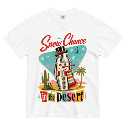 Snow Chance In The Desert T-Shirt in White, front view, cocktail shaker snowman with cactus and palm atomic Christmas graphic