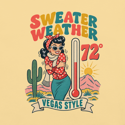 Sweater Weather T-Shirt in Butter, back print (alternate mockup), Downtown Betty pinup shivering at 72 degrees Vegas graphic