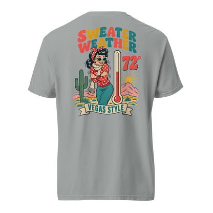 Sweater Weather T-Shirt in Granite, back print, Downtown Betty pinup shivering at 72 degrees Vegas graphic