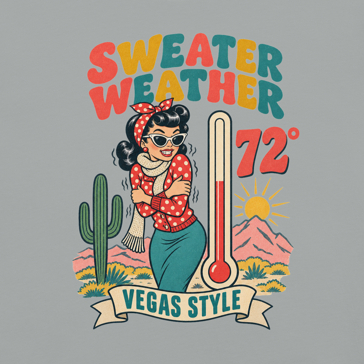 Sweater Weather T-Shirt in Granite, back print (alternate mockup), Downtown Betty pinup shivering at 72 degrees Vegas graphic