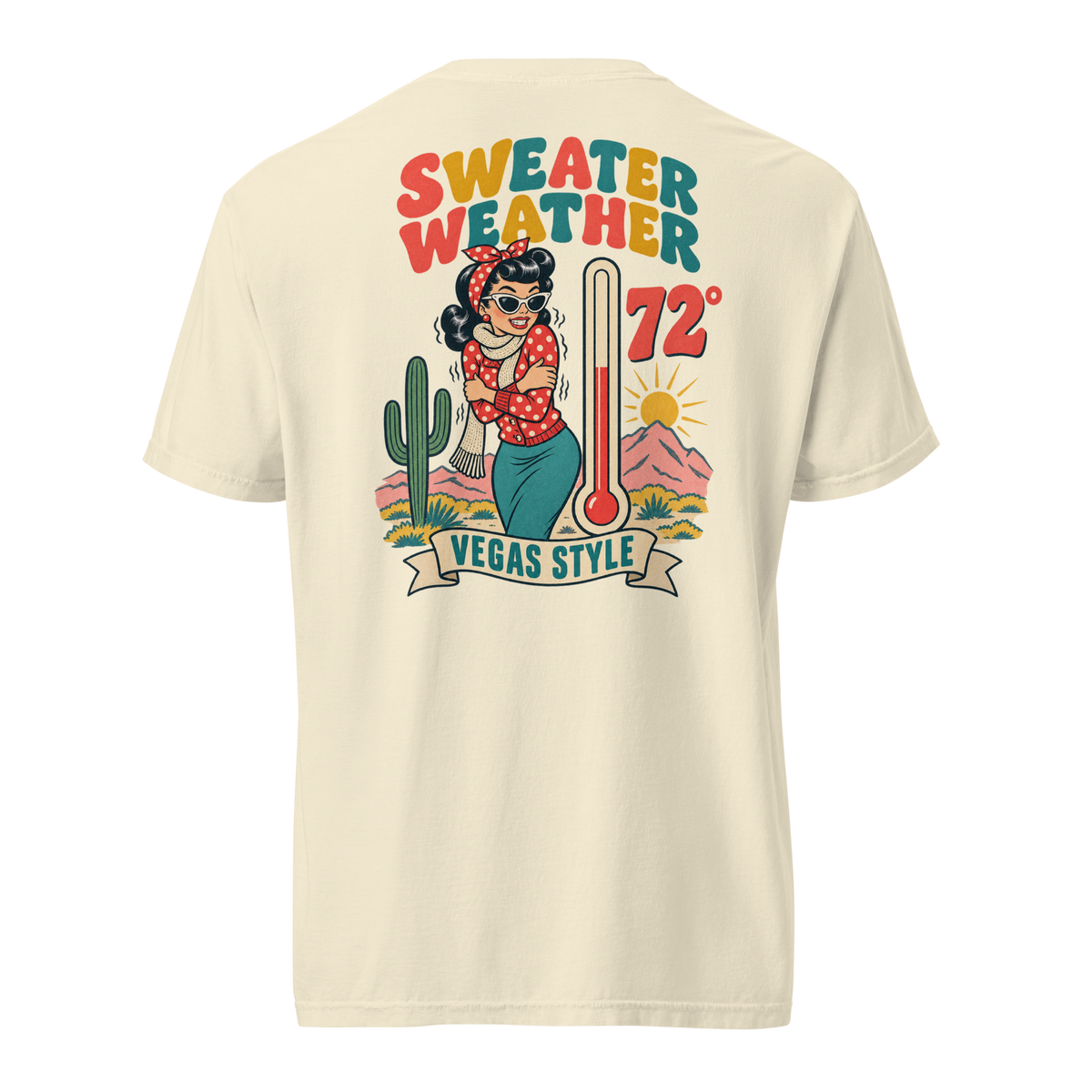 Sweater Weather T-Shirt in Ivory, back print, Downtown Betty pinup shivering at 72 degrees Vegas graphic