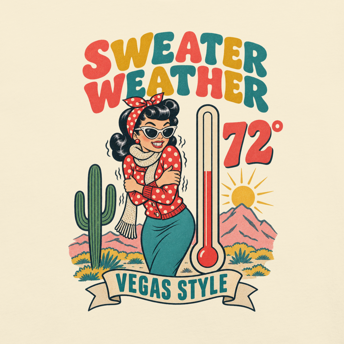 Sweater Weather T-Shirt in Ivory, back print (alternate mockup), Downtown Betty pinup shivering at 72 degrees Vegas graphic