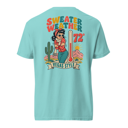 Sweater Weather T-Shirt in Lagoon Blue, back print, Downtown Betty pinup shivering at 72 degrees Vegas graphic