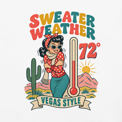 Sweater Weather T-Shirt in White, back print (alternate mockup), Downtown Betty pinup shivering at 72 degrees Vegas graphic