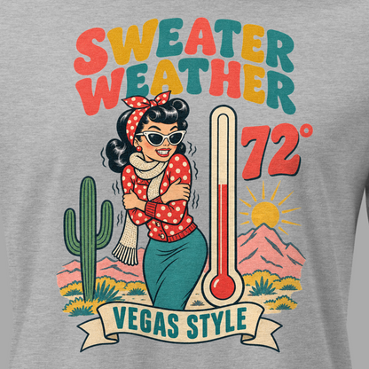Sweater Weather Relaxed T-Shirt in Athletic Heather, close-up of the front print, Downtown Betty shivering in a scarf beside a thermometer reading 72 degrees and a cactus
