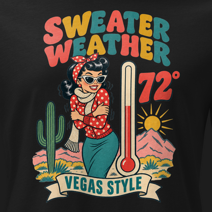 Sweater Weather Relaxed T-Shirt in Black, close-up of the front print, Downtown Betty shivering in a scarf beside a thermometer reading 72 degrees and a cactus