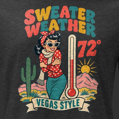 Sweater Weather Relaxed T-Shirt in Dark Grey Heather, close-up of the front print, Downtown Betty shivering in a scarf beside a thermometer reading 72 degrees and a cactus