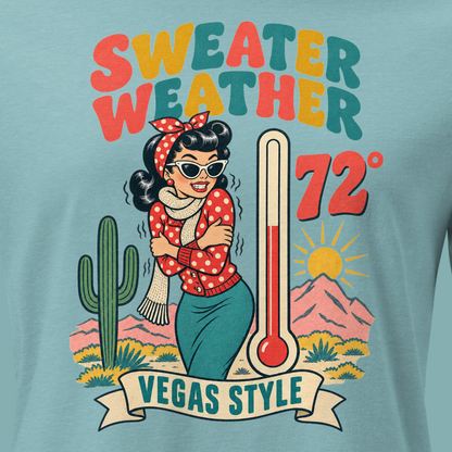 Sweater Weather Relaxed T-Shirt in Heather Blue Lagoon, close-up of the front print, Downtown Betty shivering in a scarf beside a thermometer reading 72 degrees and a cactus