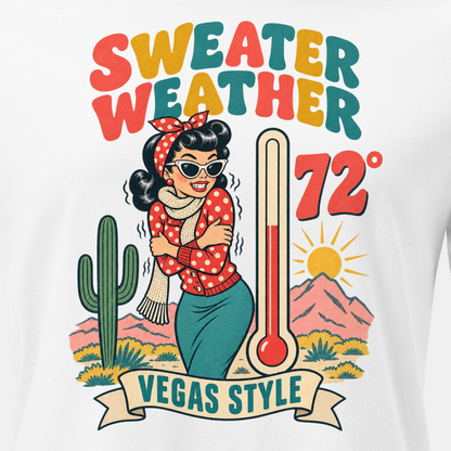 Sweater Weather Relaxed T-Shirt in White, close-up of the front print, Downtown Betty shivering in a scarf beside a thermometer reading 72 degrees and a cactus