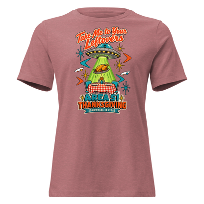 Take Me to Your Leftovers Relaxed T-Shirt in Heather Mauve, front view, a flying saucer beams a roast turkey off a checkered 1950s table among atomic starbursts