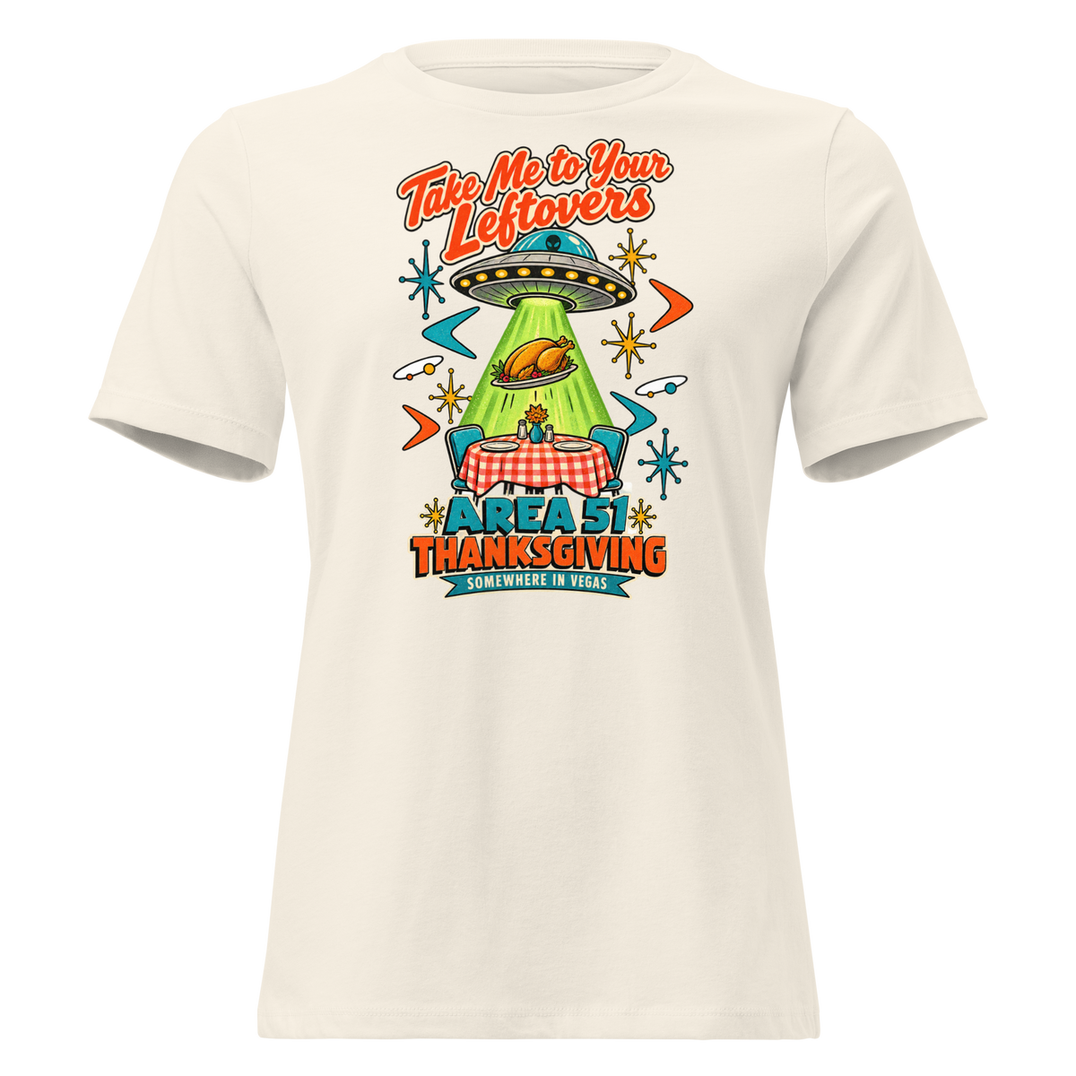 Take Me to Your Leftovers Relaxed T-Shirt in Natural, front view, a flying saucer beams a roast turkey off a checkered 1950s table among atomic starbursts