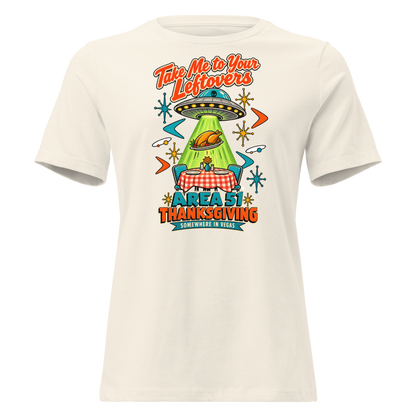Take Me to Your Leftovers Relaxed T-Shirt in Natural, front view, a flying saucer beams a roast turkey off a checkered 1950s table among atomic starbursts