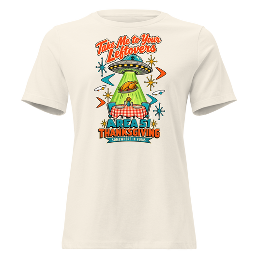 Take Me to Your Leftovers Relaxed T-Shirt in Natural, front view, a flying saucer beams a roast turkey off a checkered 1950s table among atomic starbursts