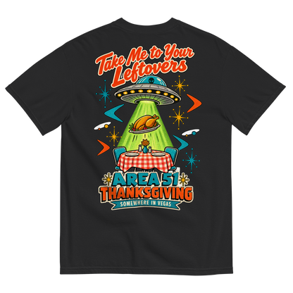 Take Me to Your Leftovers T-Shirt in Black, back print, a flying saucer beams a roast turkey off a checkered 1950s table among atomic starbursts