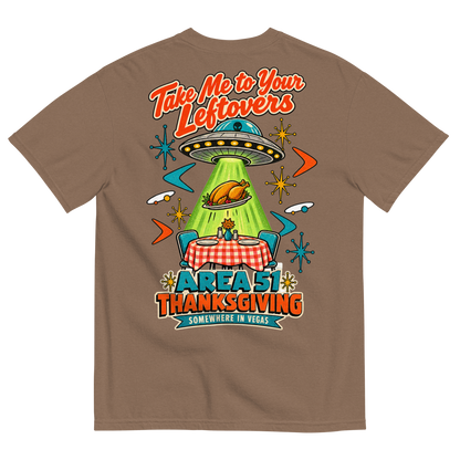 Take Me to Your Leftovers T-Shirt in Espresso, back print, a flying saucer beams a roast turkey off a checkered 1950s table among atomic starbursts