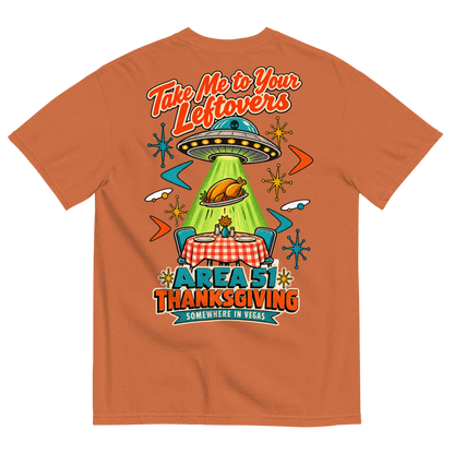 Take Me to Your Leftovers T-Shirt in Yam, back print, a flying saucer beams a roast turkey off a checkered 1950s table among atomic starbursts