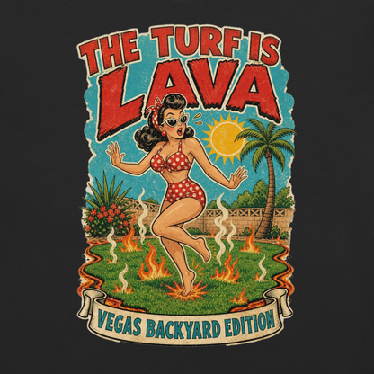 The Turf Is Lava T-Shirt in Black, front view (alternate mockup), Downtown Betty pinup hopping on hot Vegas backyard turf graphic