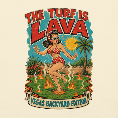 The Turf Is Lava T-Shirt in Ivory, front view (alternate mockup), Downtown Betty pinup hopping on hot Vegas backyard turf graphic