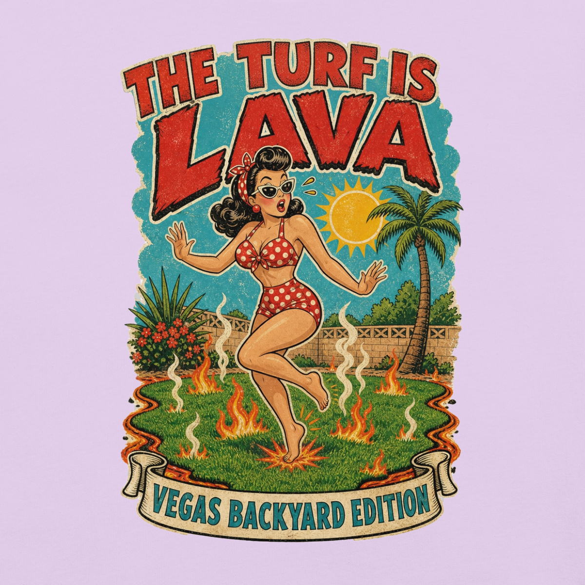 The Turf Is Lava T-Shirt in Orchid, front view (alternate mockup), Downtown Betty pinup hopping on hot Vegas backyard turf graphic