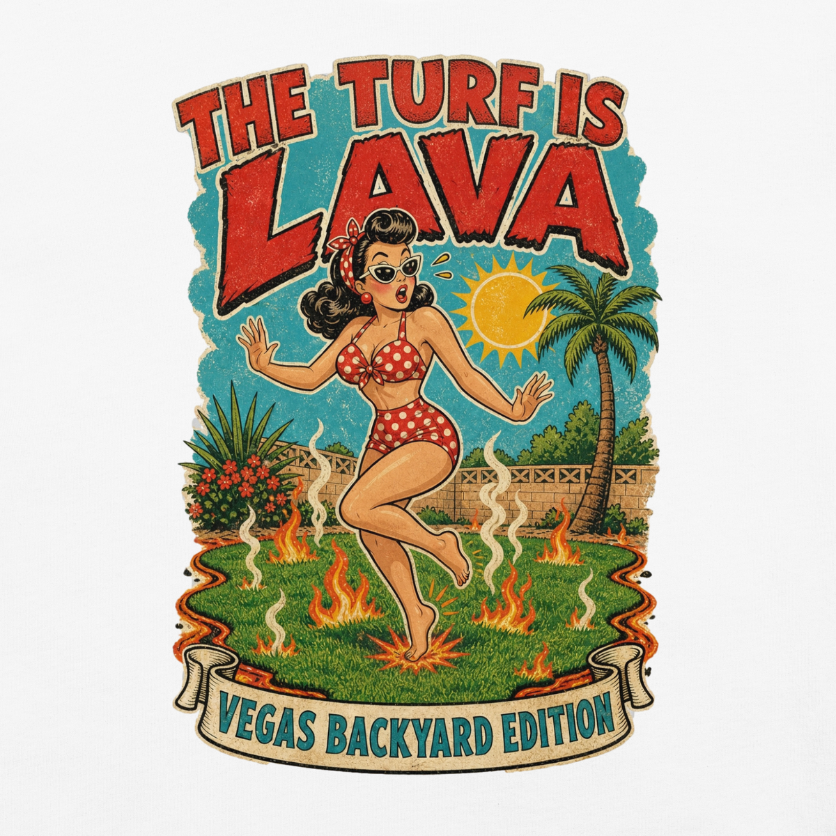 The Turf Is Lava T-Shirt in White, front view (alternate mockup), Downtown Betty pinup hopping on hot Vegas backyard turf graphic